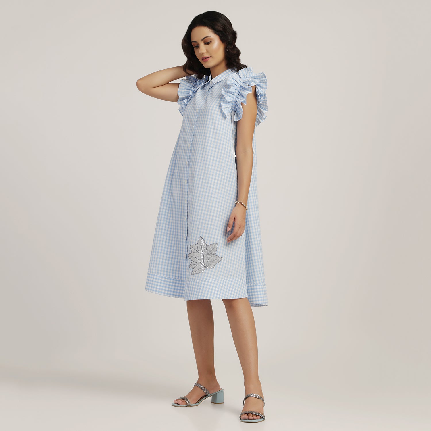 Blue Check Maple Leaf Embroidery Dress