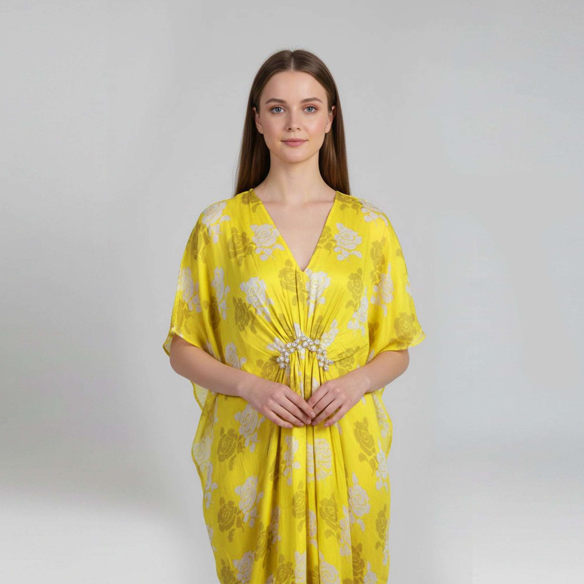Yellow Satin Kaftan With Pearls
