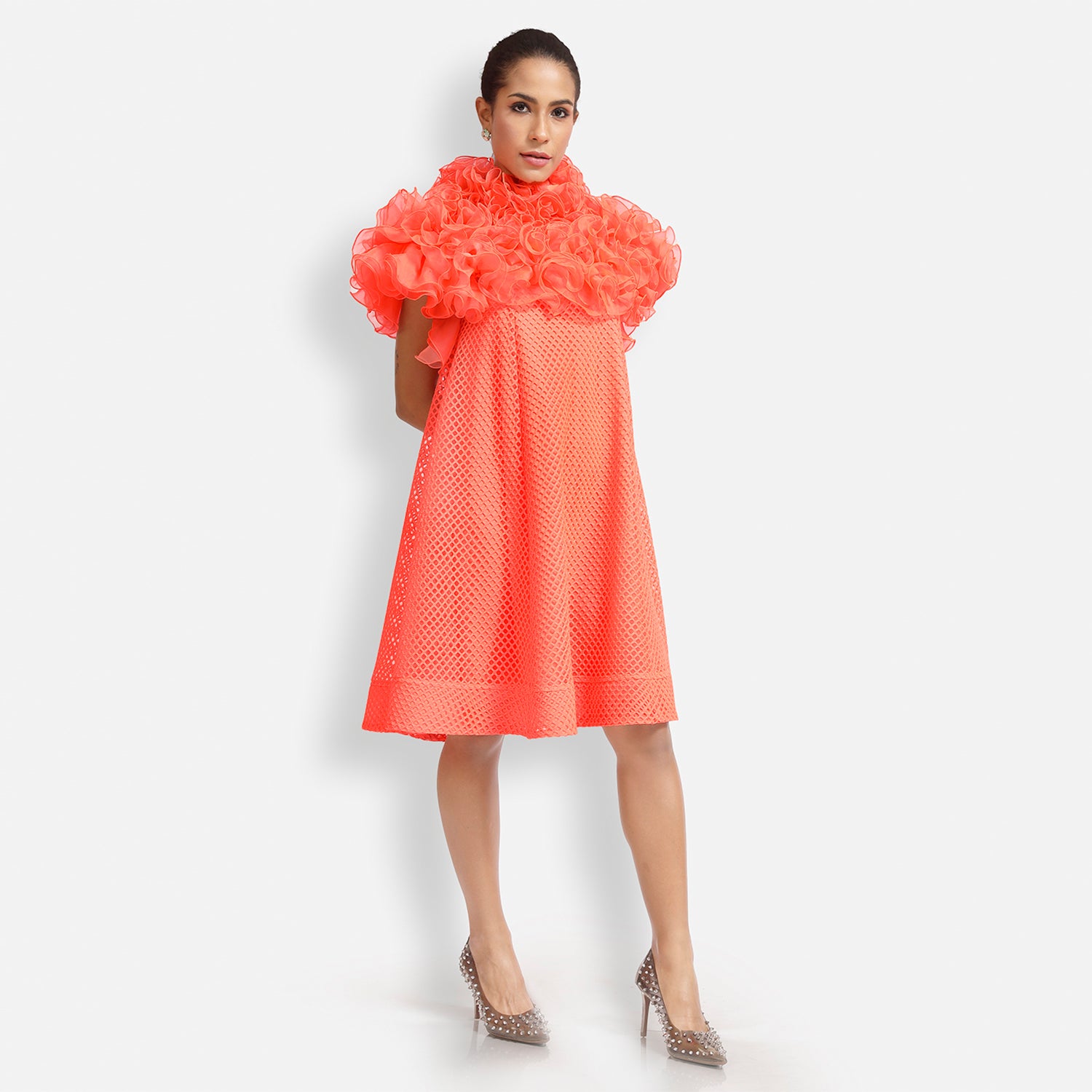 Neon Mesh Net Frill Neck Dress