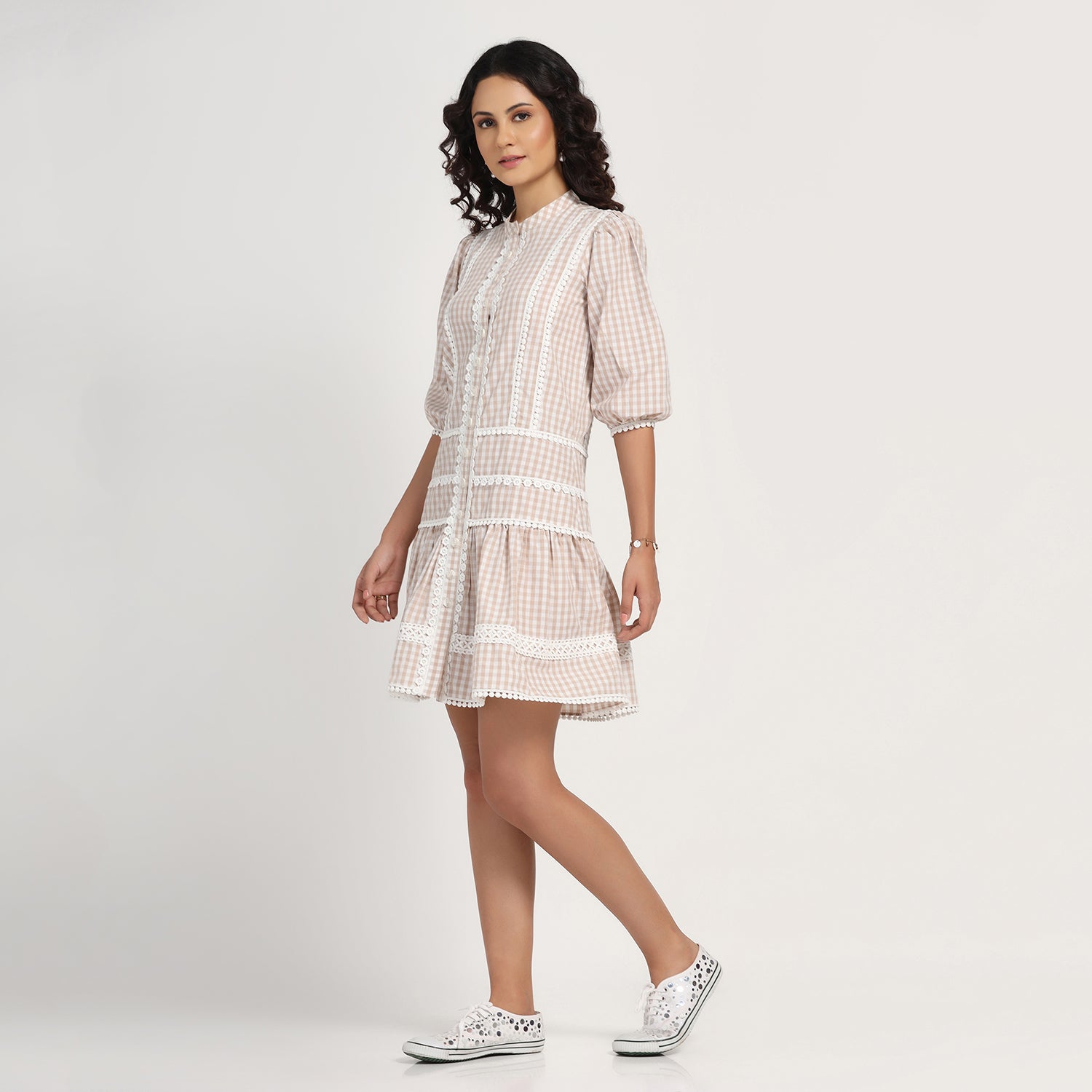 Beige Check Short Dress With Laces