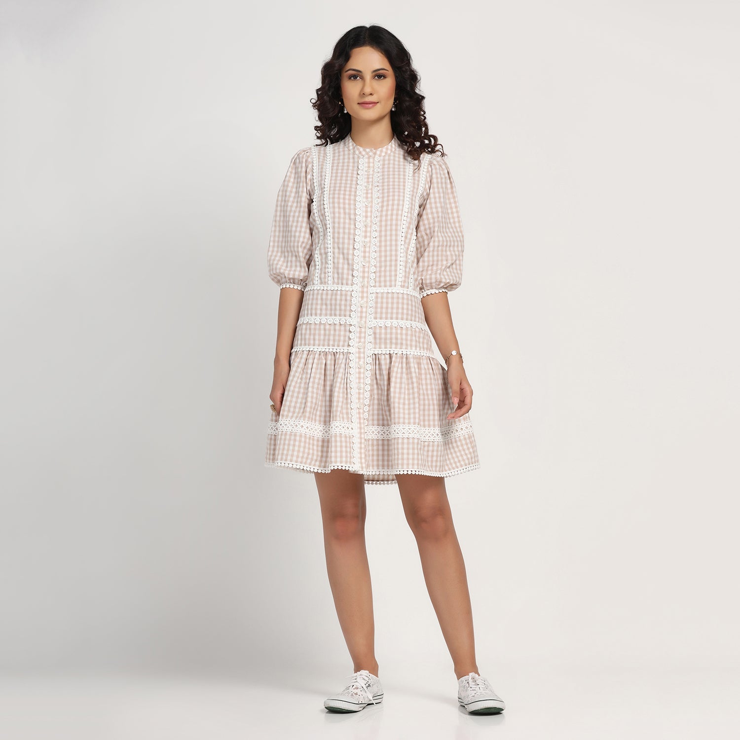 Beige Check Short Dress With Laces