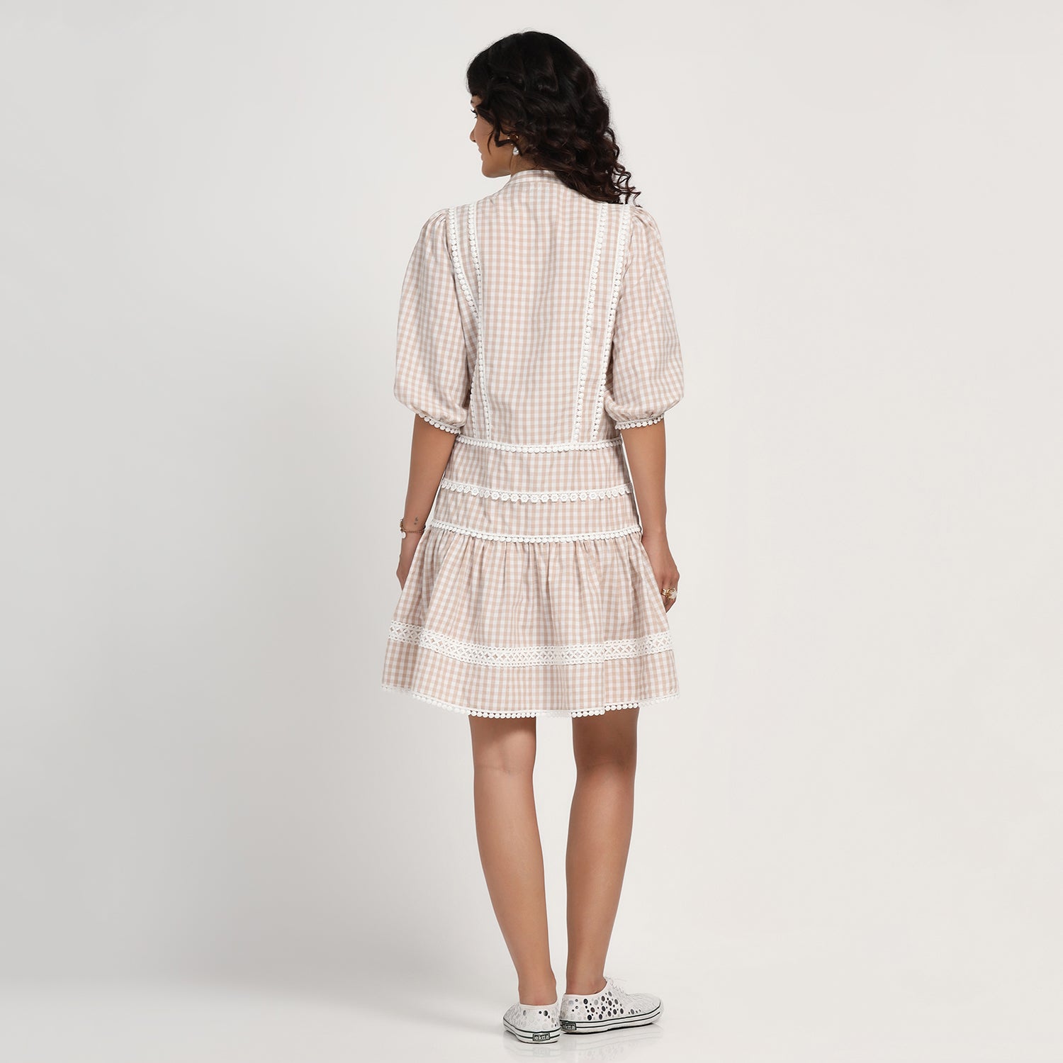 Beige Check Short Dress With Laces