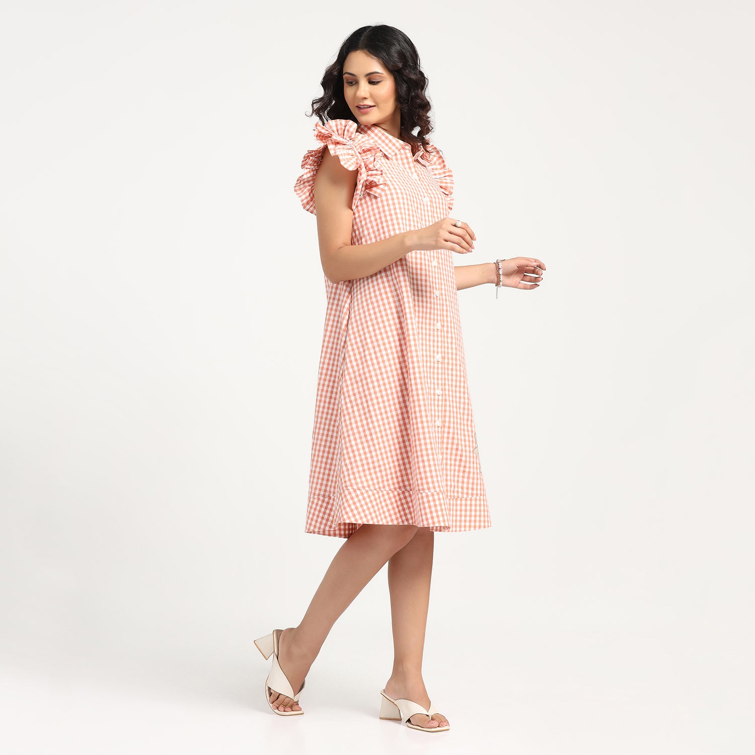 Peach Check Maple Leaf Embroidery Dress
