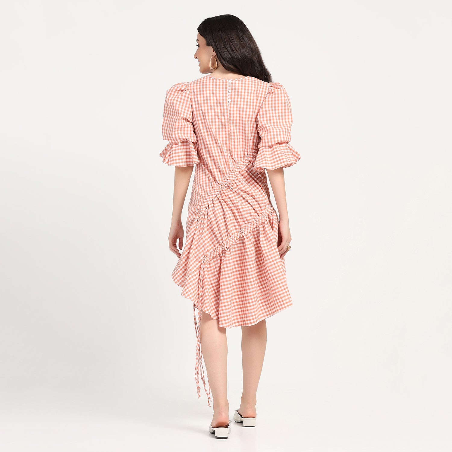 Peach Check Asymmetrical Dress With Strings