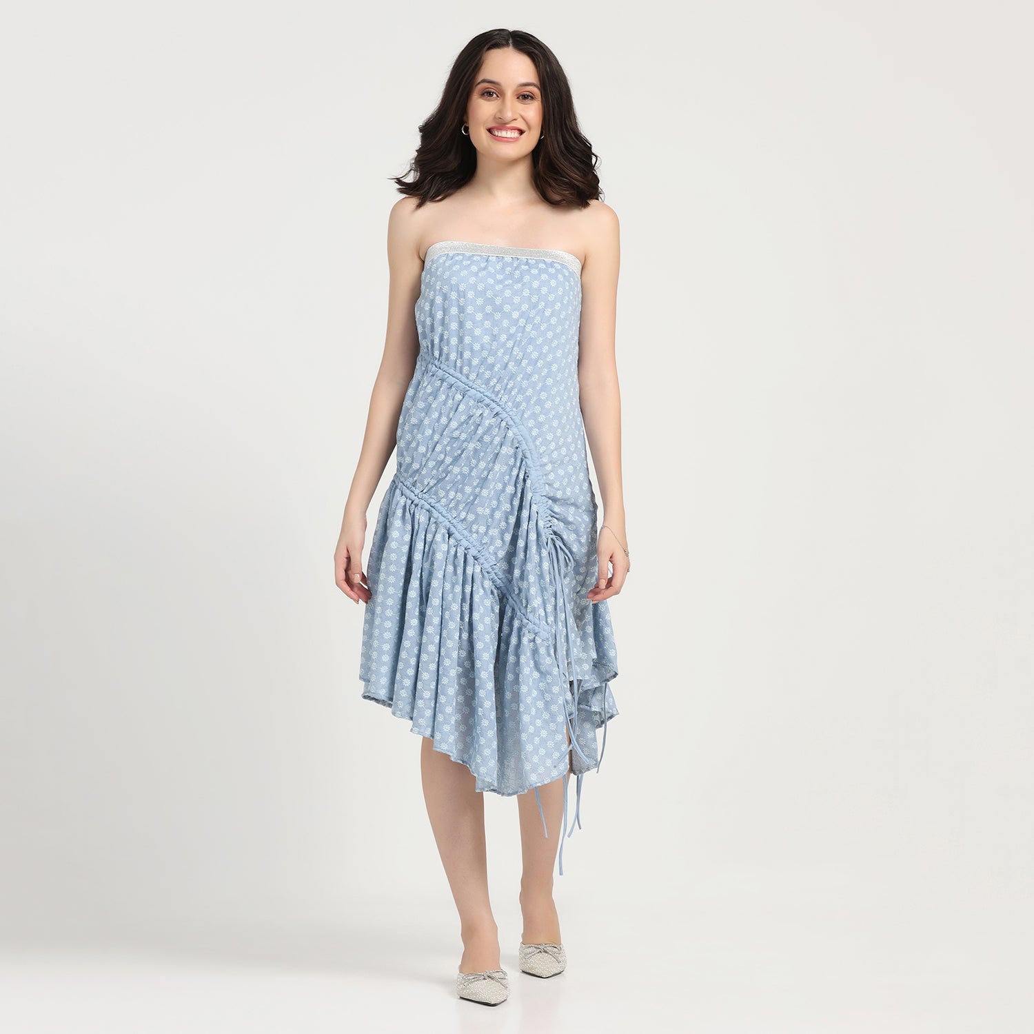 Blue Schiffli Off shoulder Knot Dress