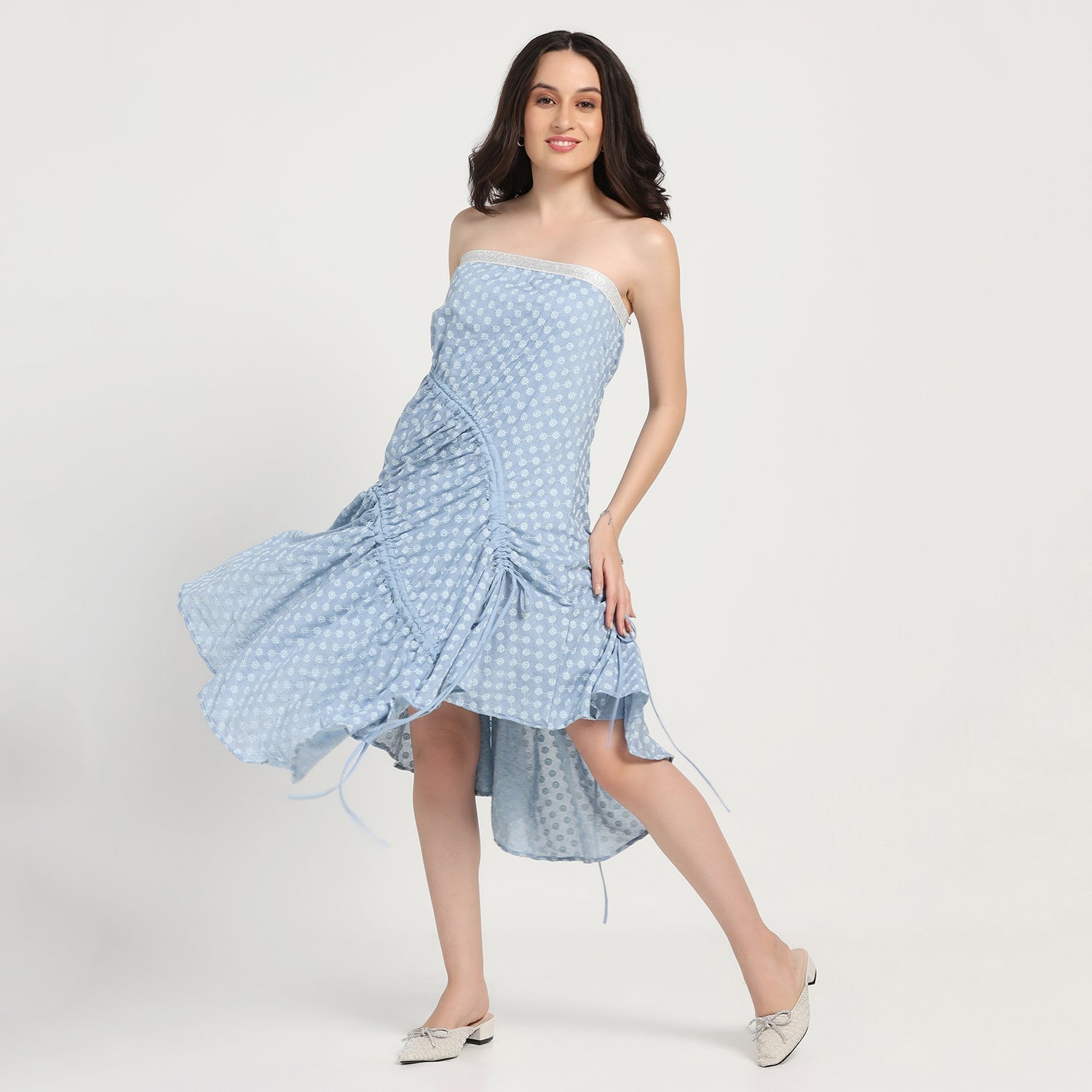 Blue Schiffli Off shoulder Knot Dress