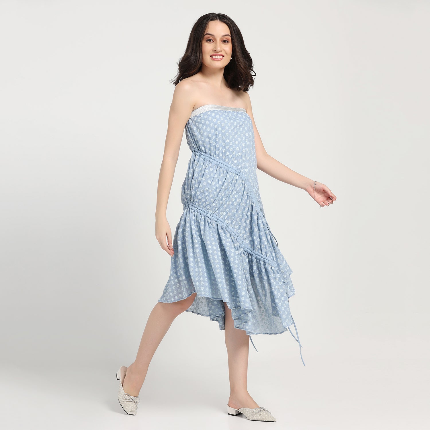 Blue Schiffli Off shoulder Knot Dress