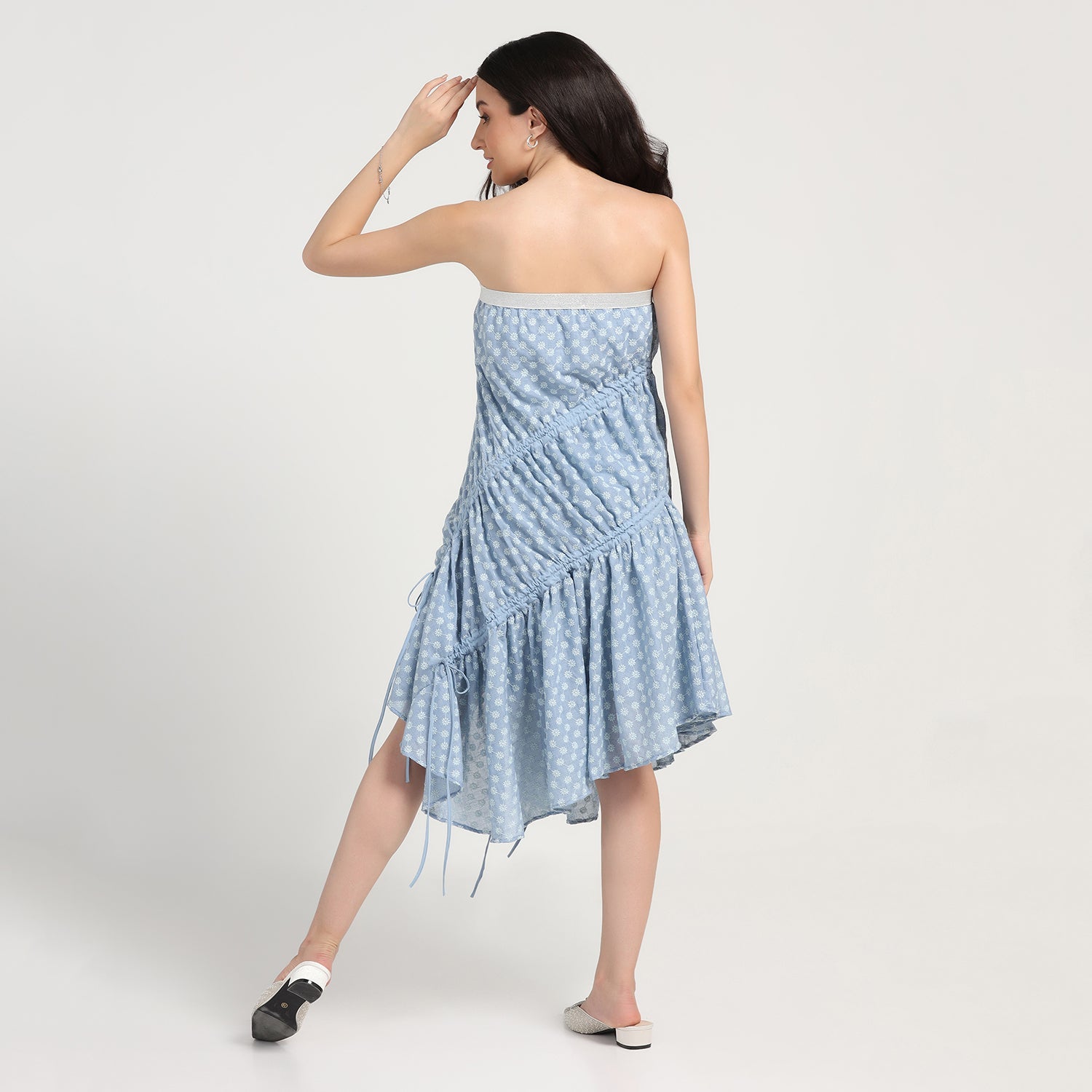 Blue Schiffli Off shoulder Knot Dress