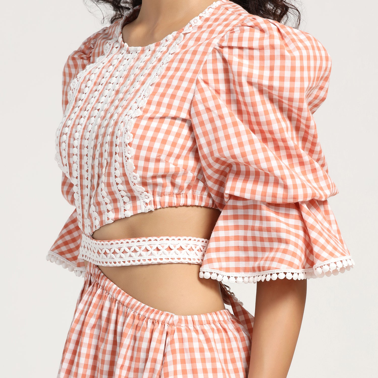 Peach Check Dress With Lace Yoke & Tie Blet
