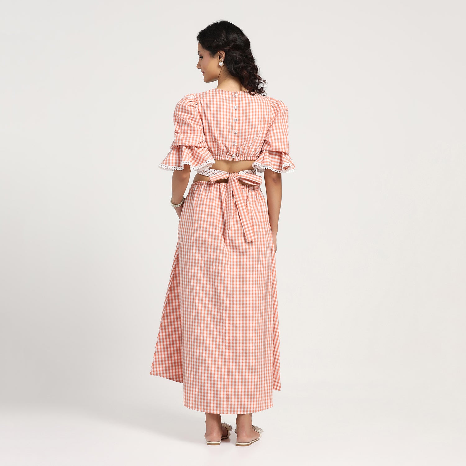 Peach Check Dress With Lace Yoke & Tie Blet