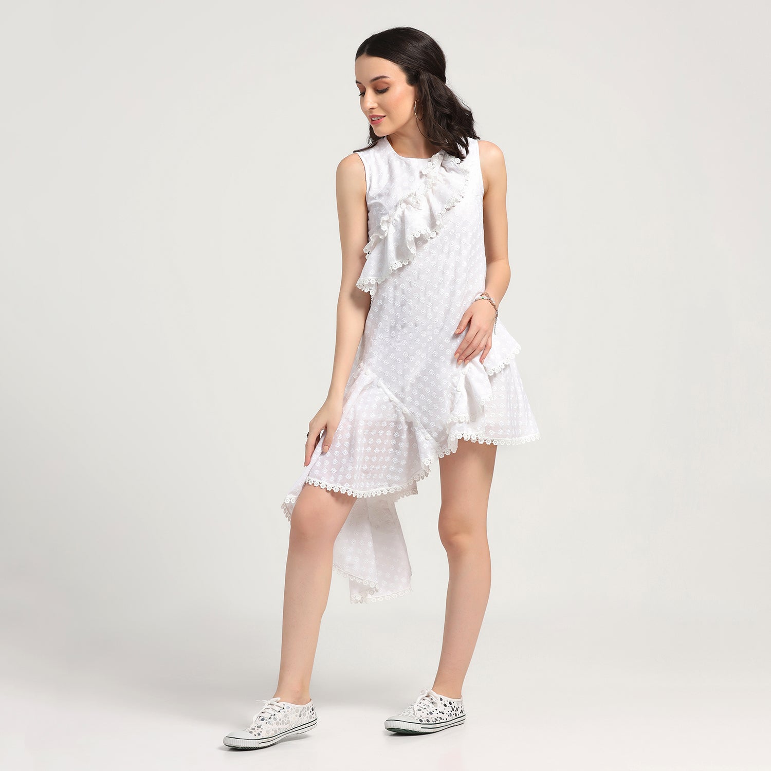 White Ruffle Asymmetrical Schiffle Dress