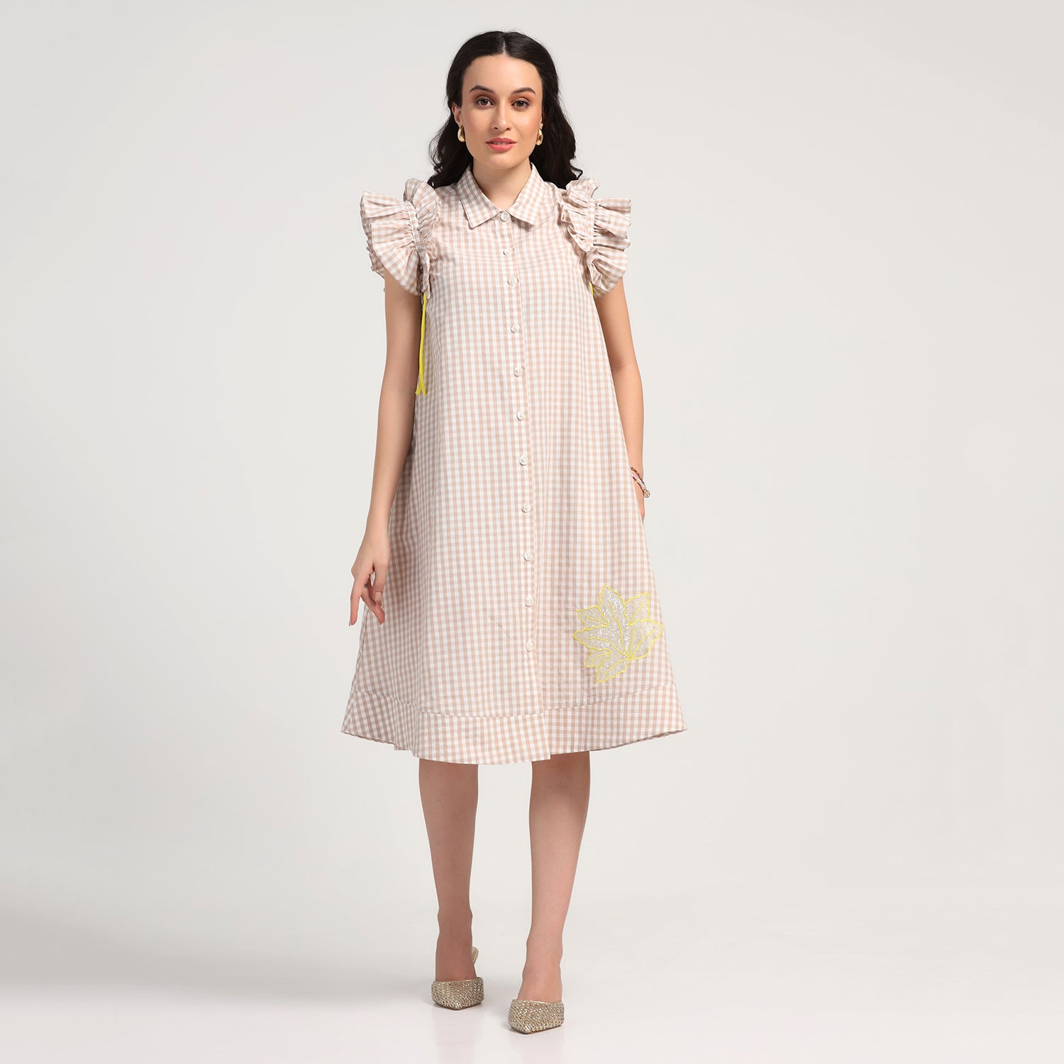 Beige Check Maple Leaf Embroidery Dress