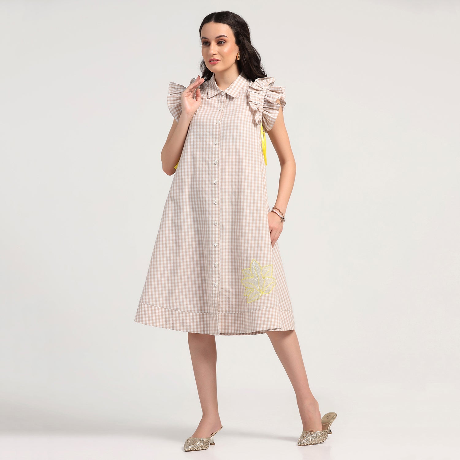 Beige Check Maple Leaf Embroidery Dress