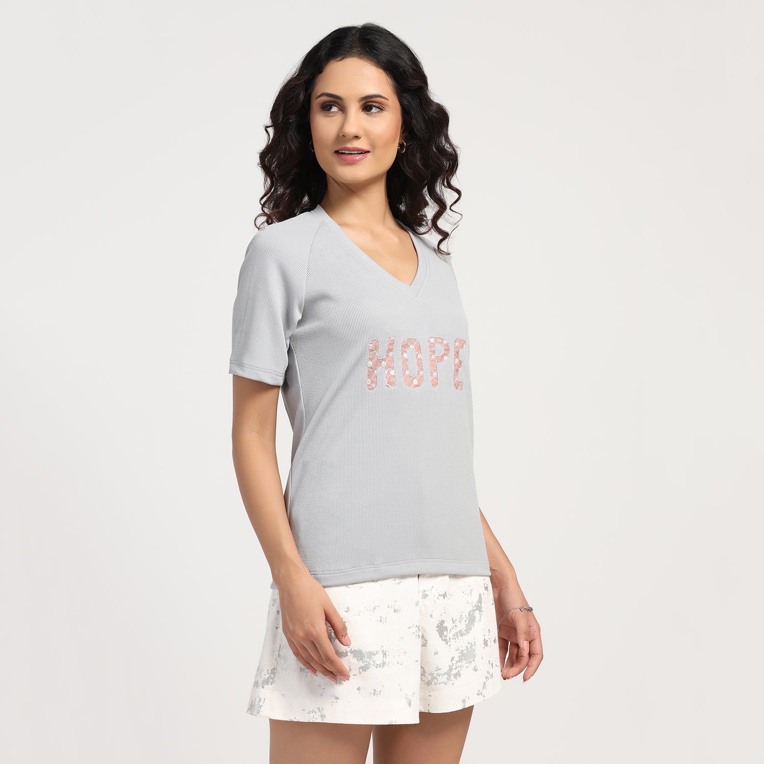 Grey Embroidered Hope Ribbed T- Shirt