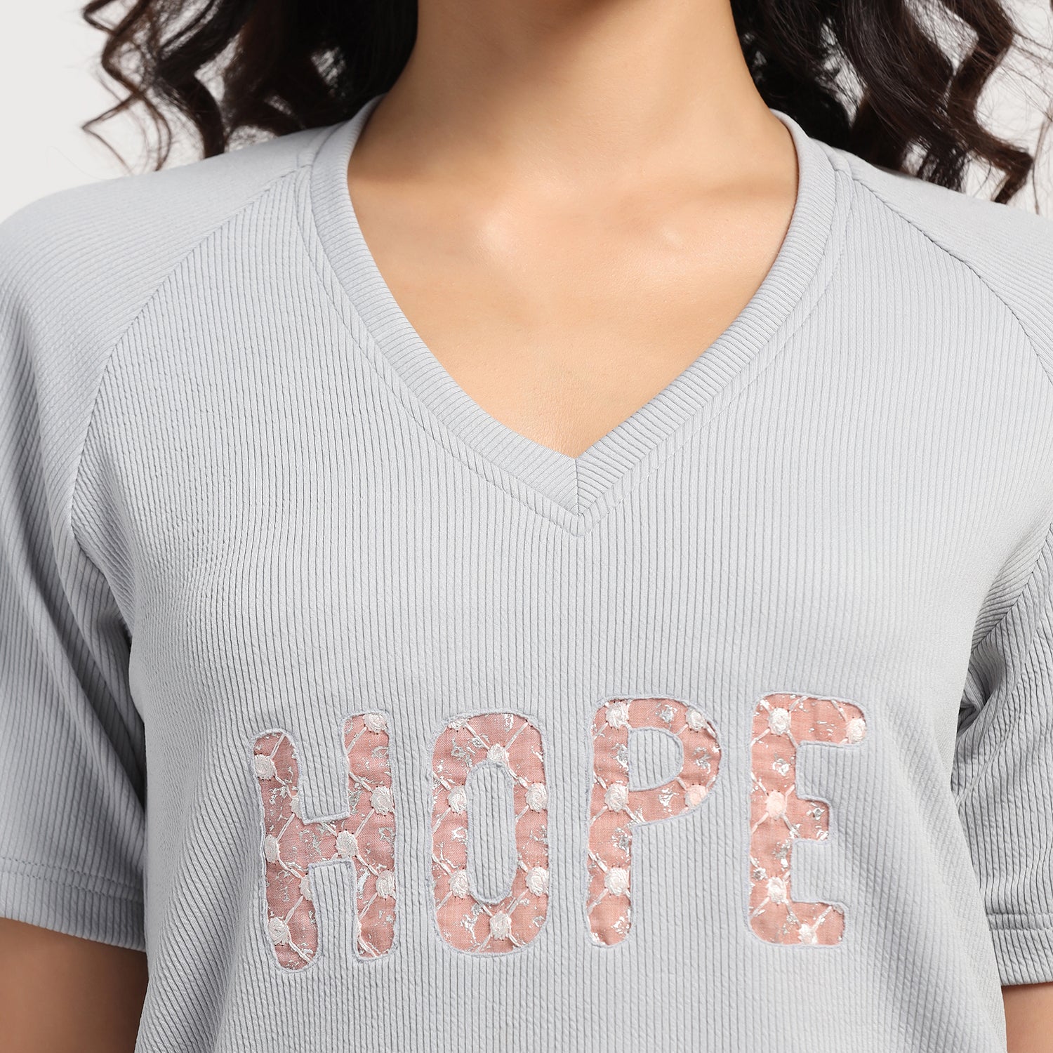 Grey Embroidered Hope Ribbed T- Shirt