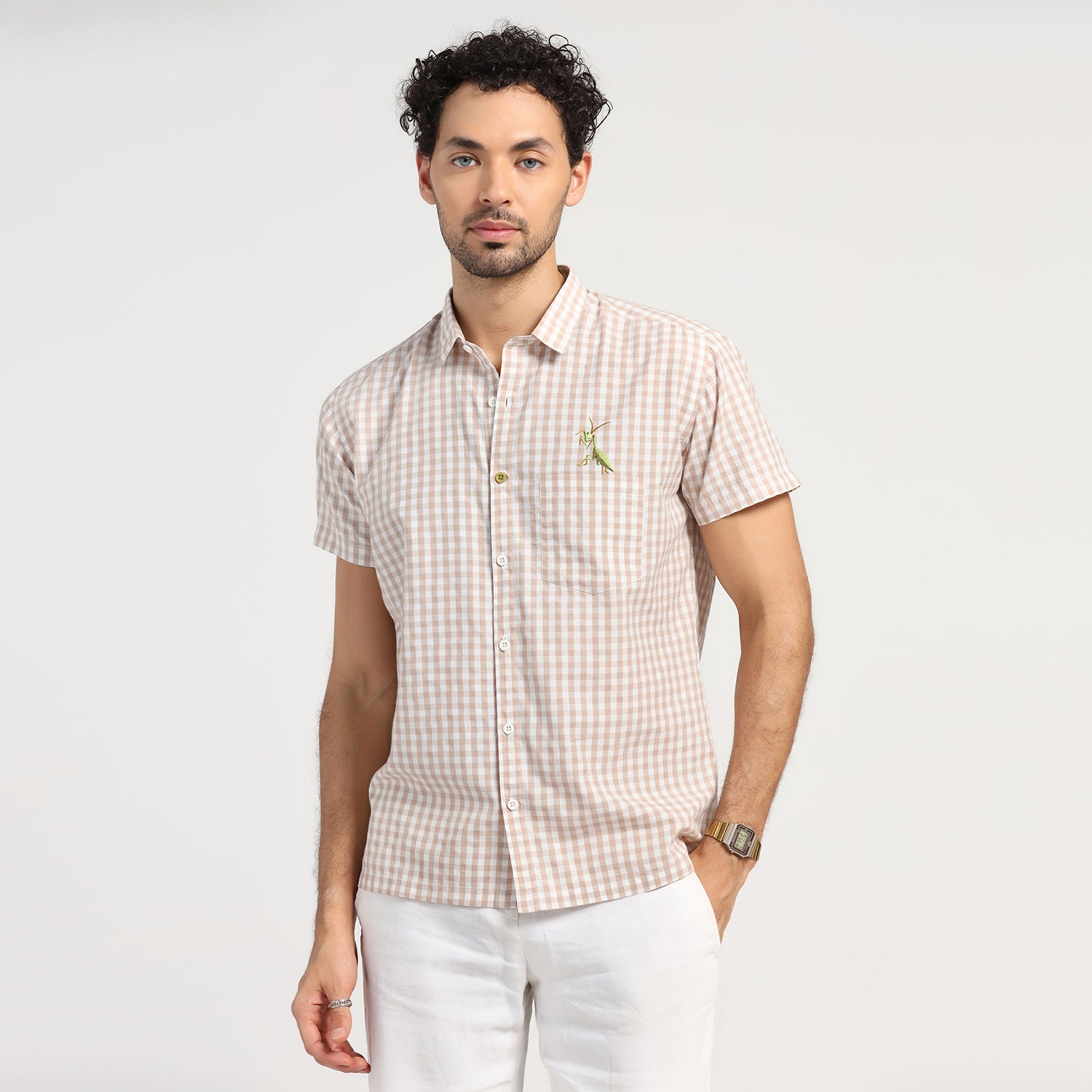 Beige Check Grasshopper Emboridery Shirt