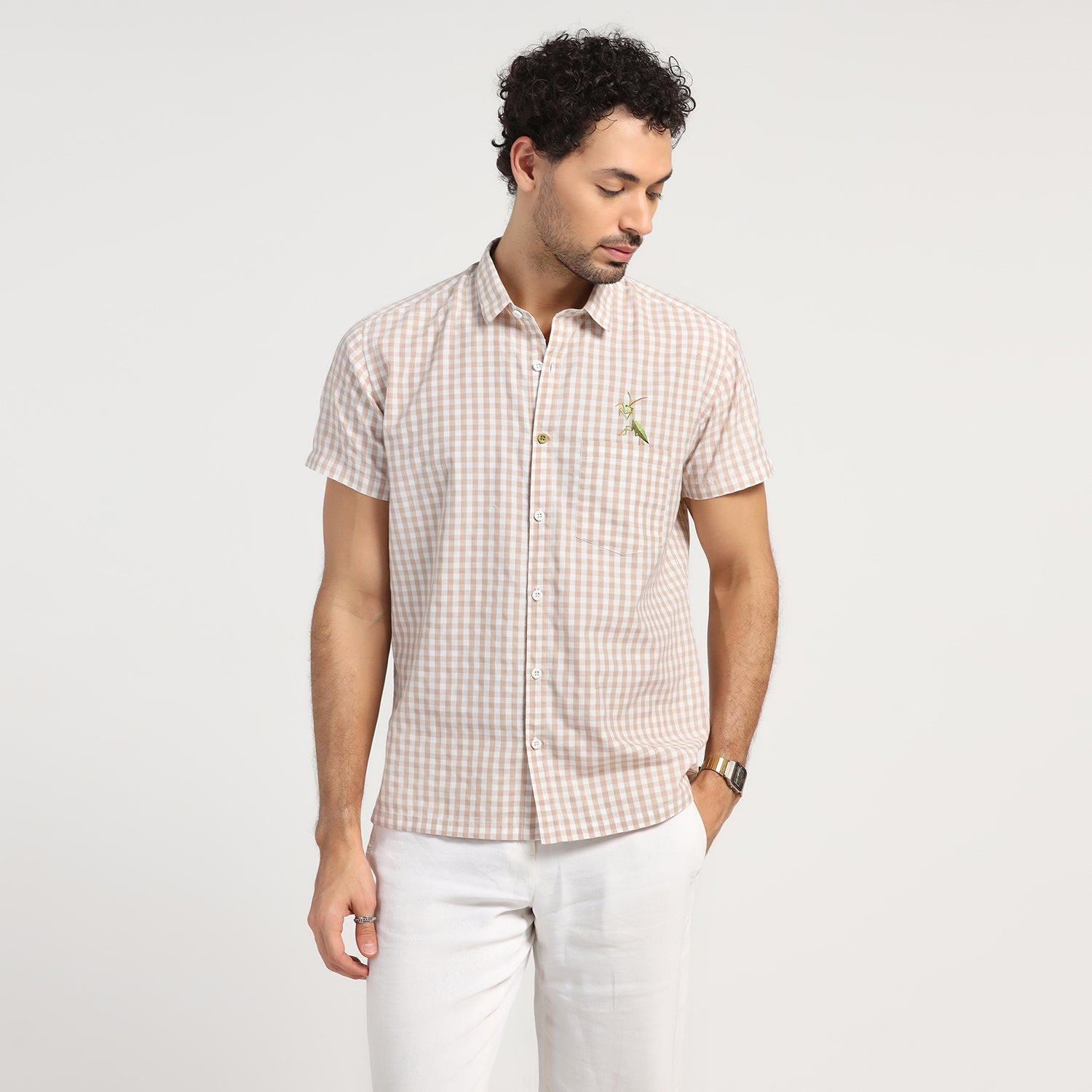 Beige Check Grasshopper Emboridery Shirt