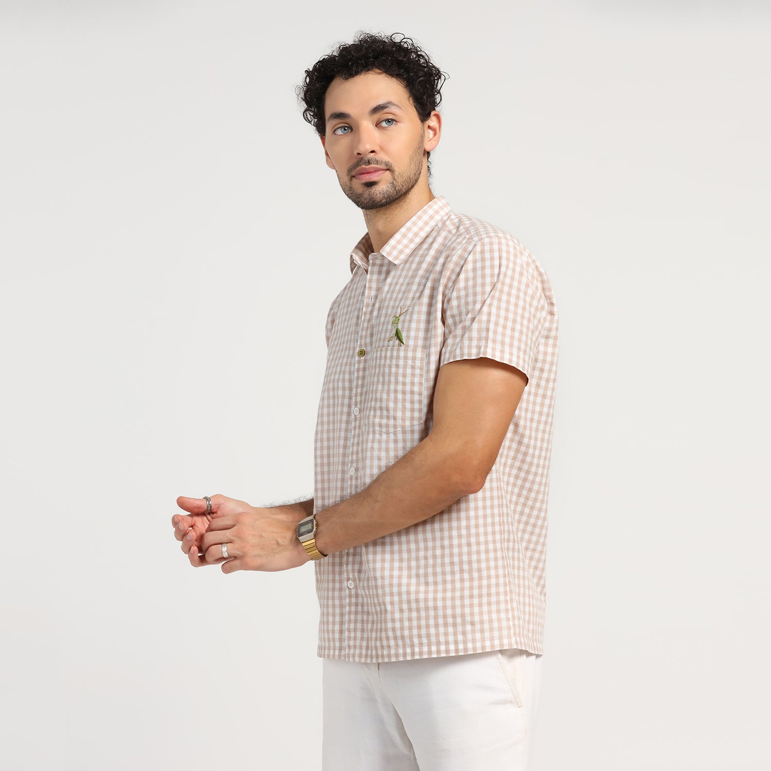 Beige Check Grasshopper Emboridery Shirt