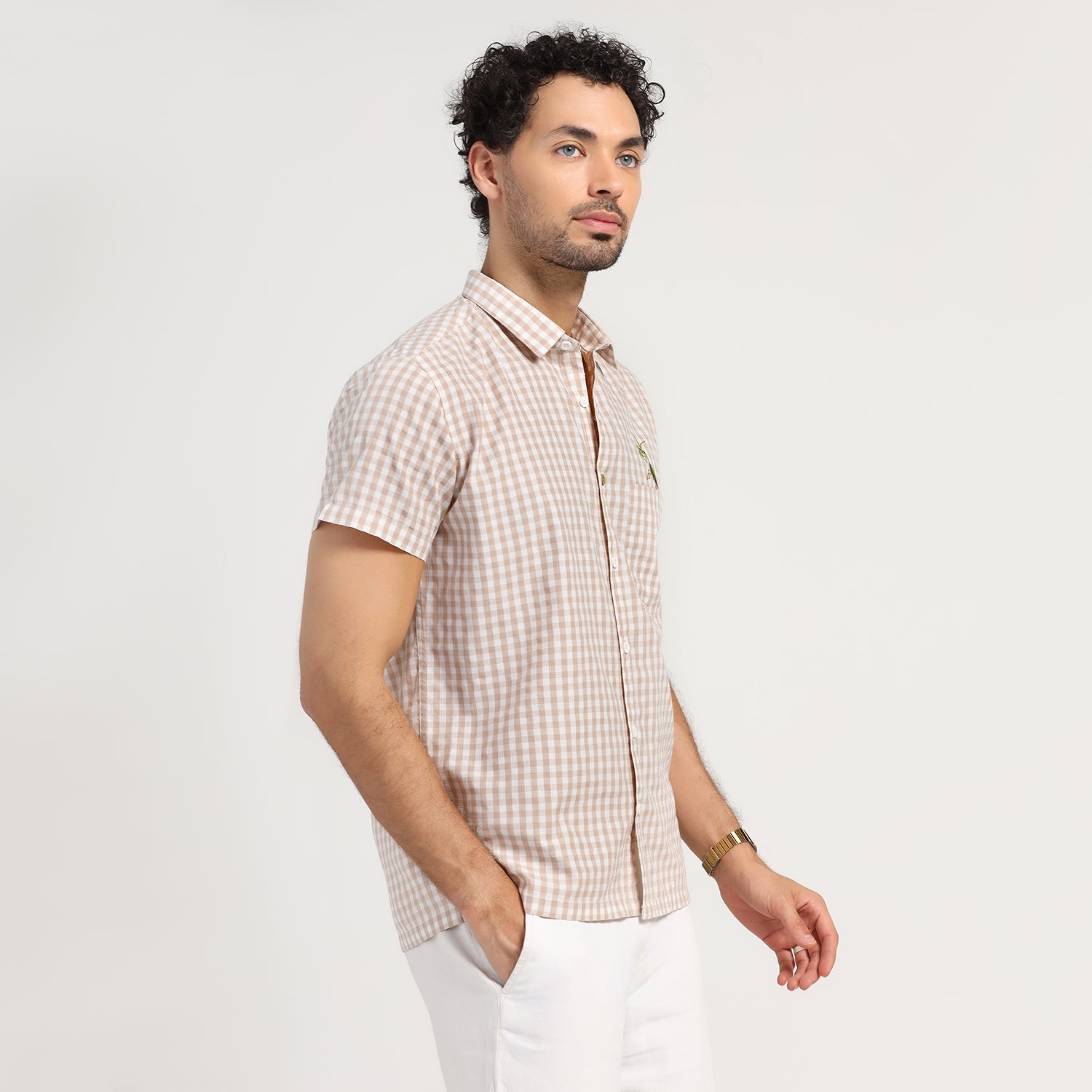 Beige Check Grasshopper Emboridery Shirt