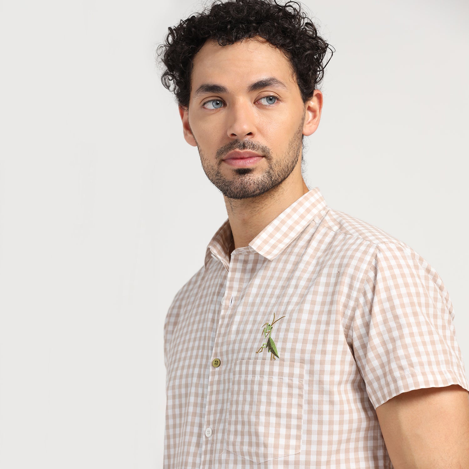 Beige Check Grasshopper Emboridery Shirt