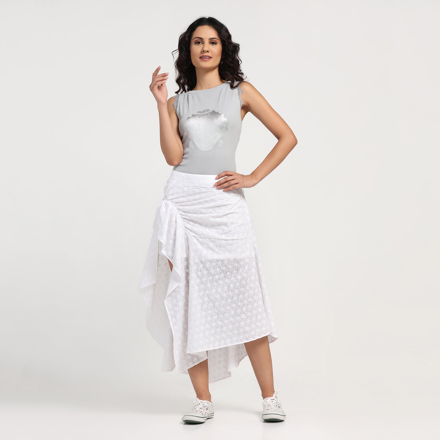 White Schiffle Buckle Asymmetrical Skirt