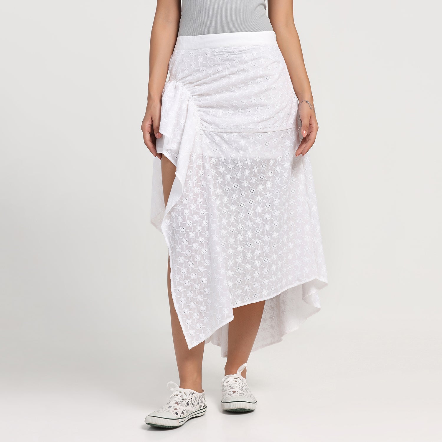 White Schiffle Buckle Asymmetrical Skirt