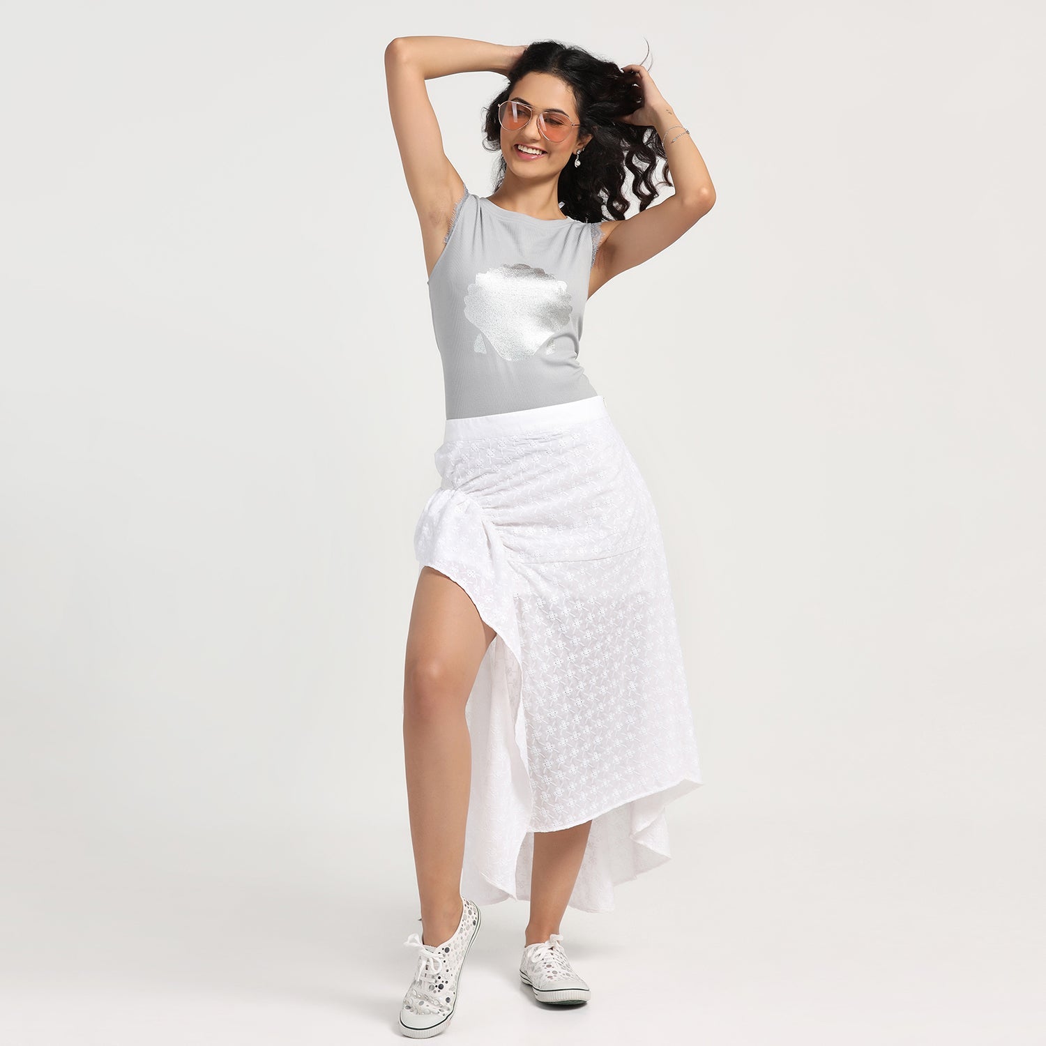 White Schiffle Buckle Asymmetrical Skirt