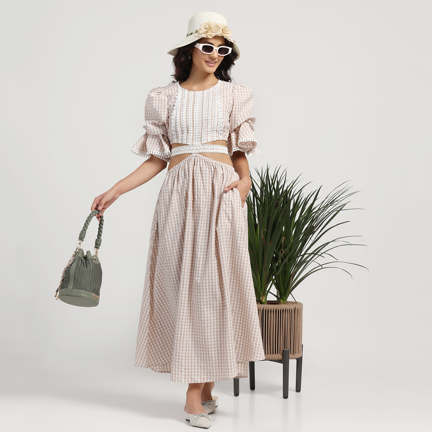 Beige Check Dress With Lace Yoke & Tie Blet