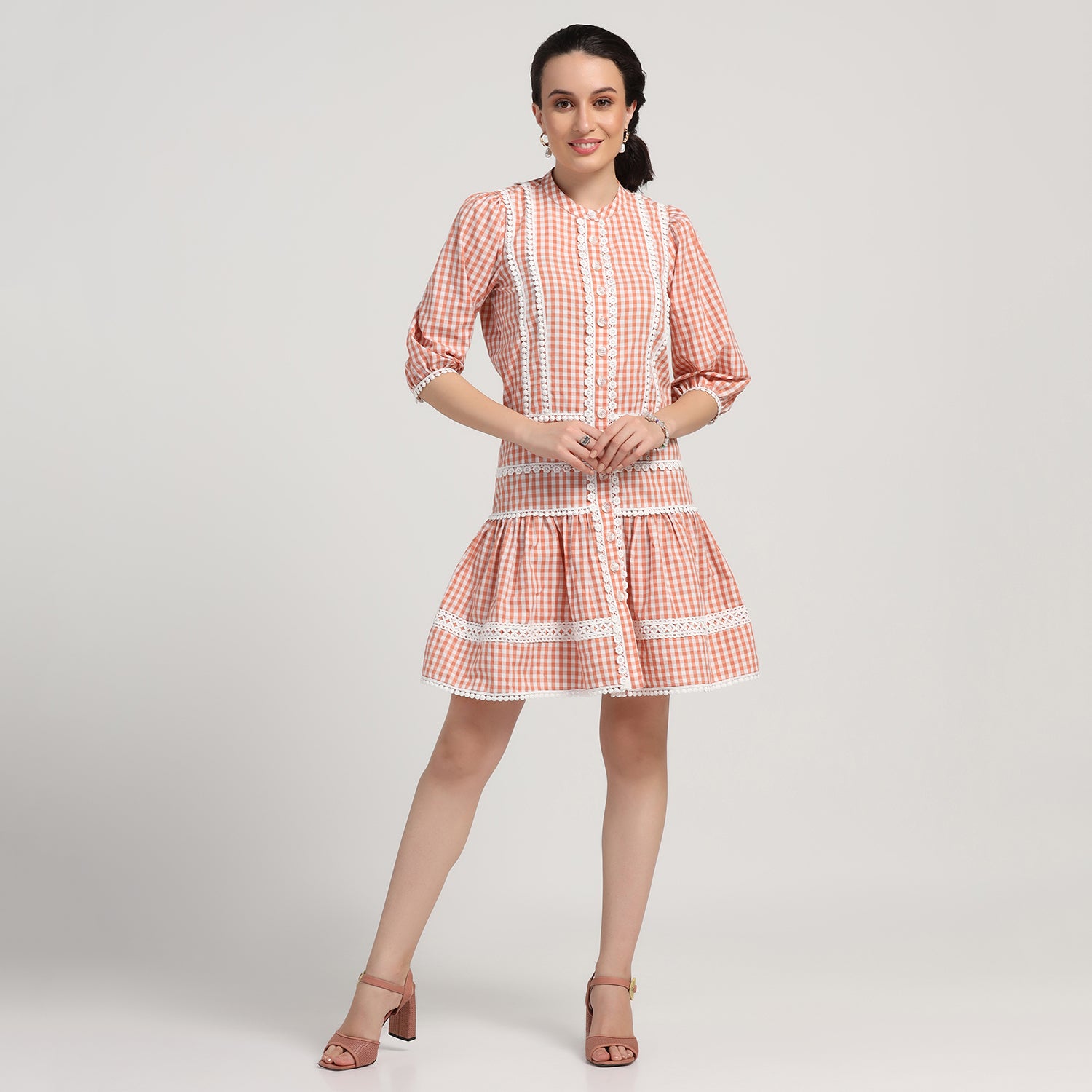 Peach Check Short Dress With Laces