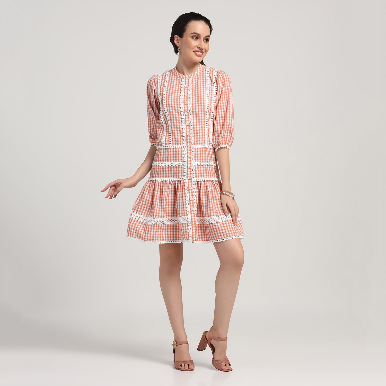 Peach Check Short Dress With Laces