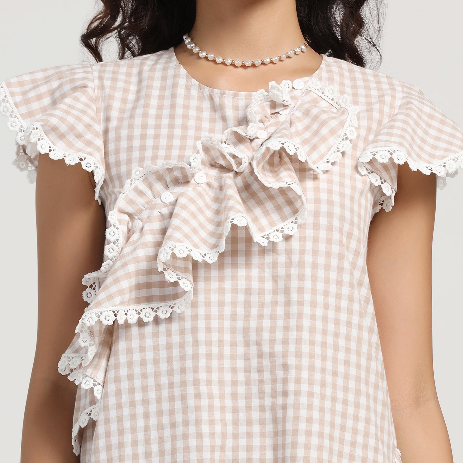 Beige Check Asymmetrical Ruffle Dress