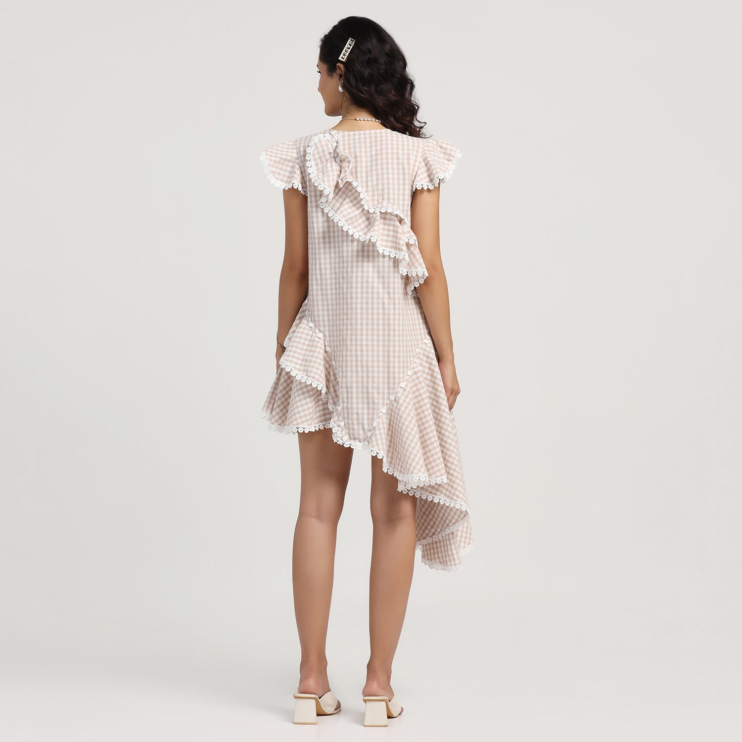 Beige Check Asymmetrical Ruffle Dress