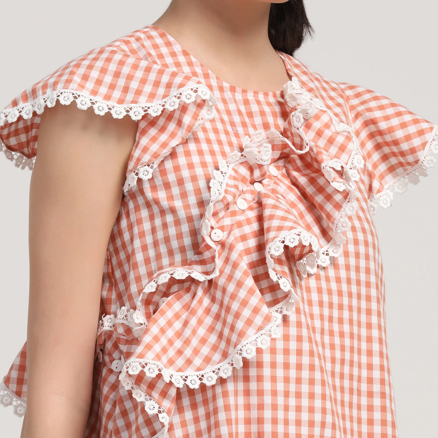 Peach Check Asymmetrical Ruffle Dress