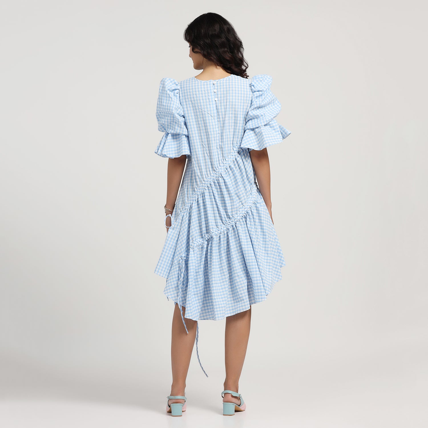 Blue Check Asymmetrical Dress With Strings