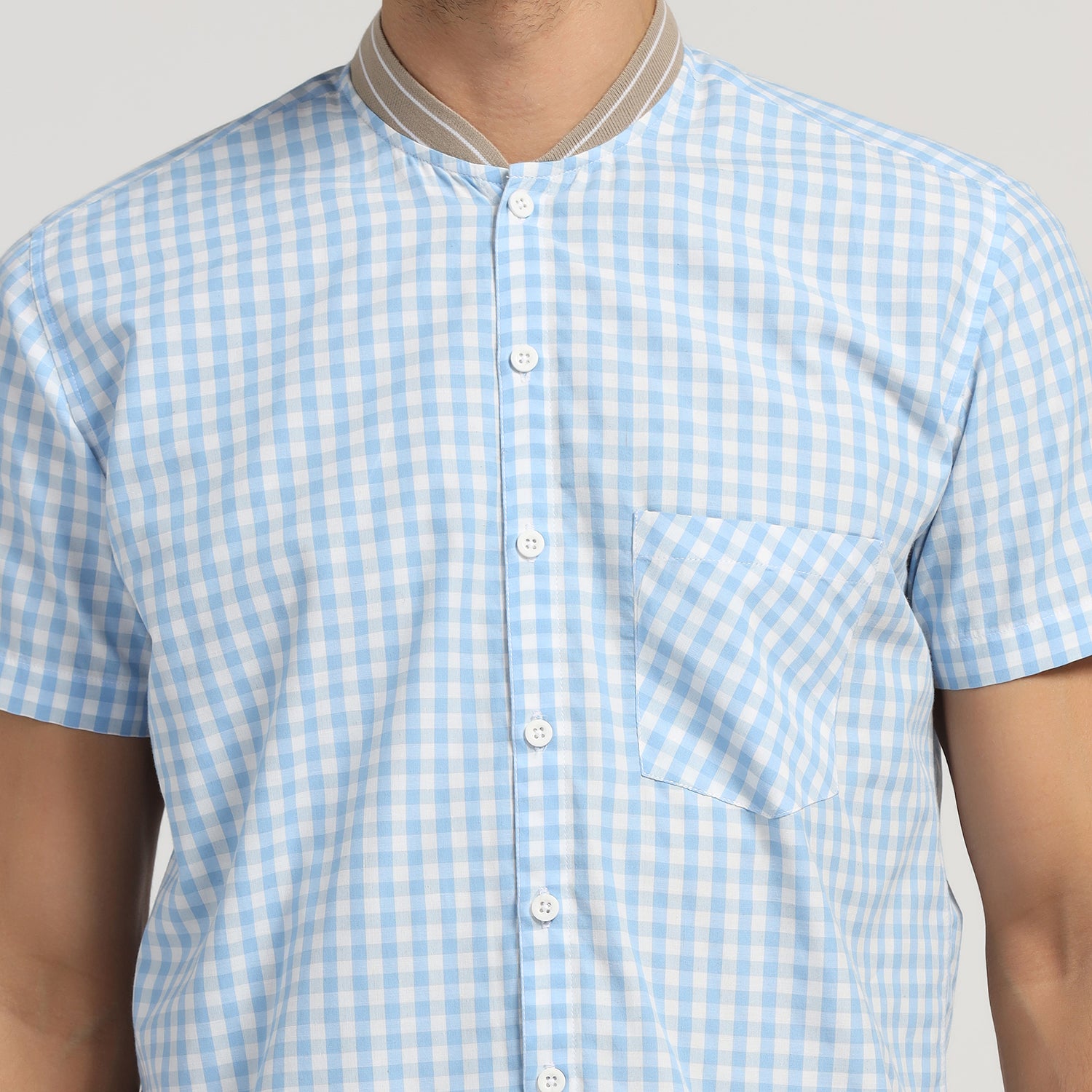 Blue Check Shirt With Rib Collar