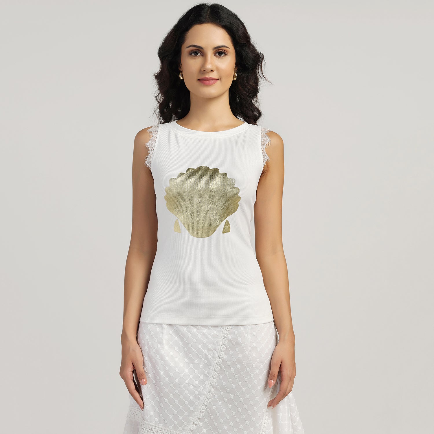 White Lela Foil Printed Ribbed Top for Women
