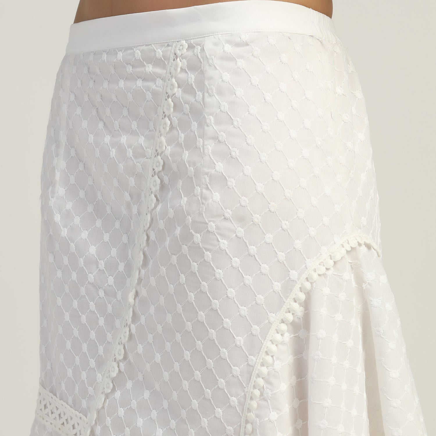 White Schifflie Asymmetrical Lace Skirt