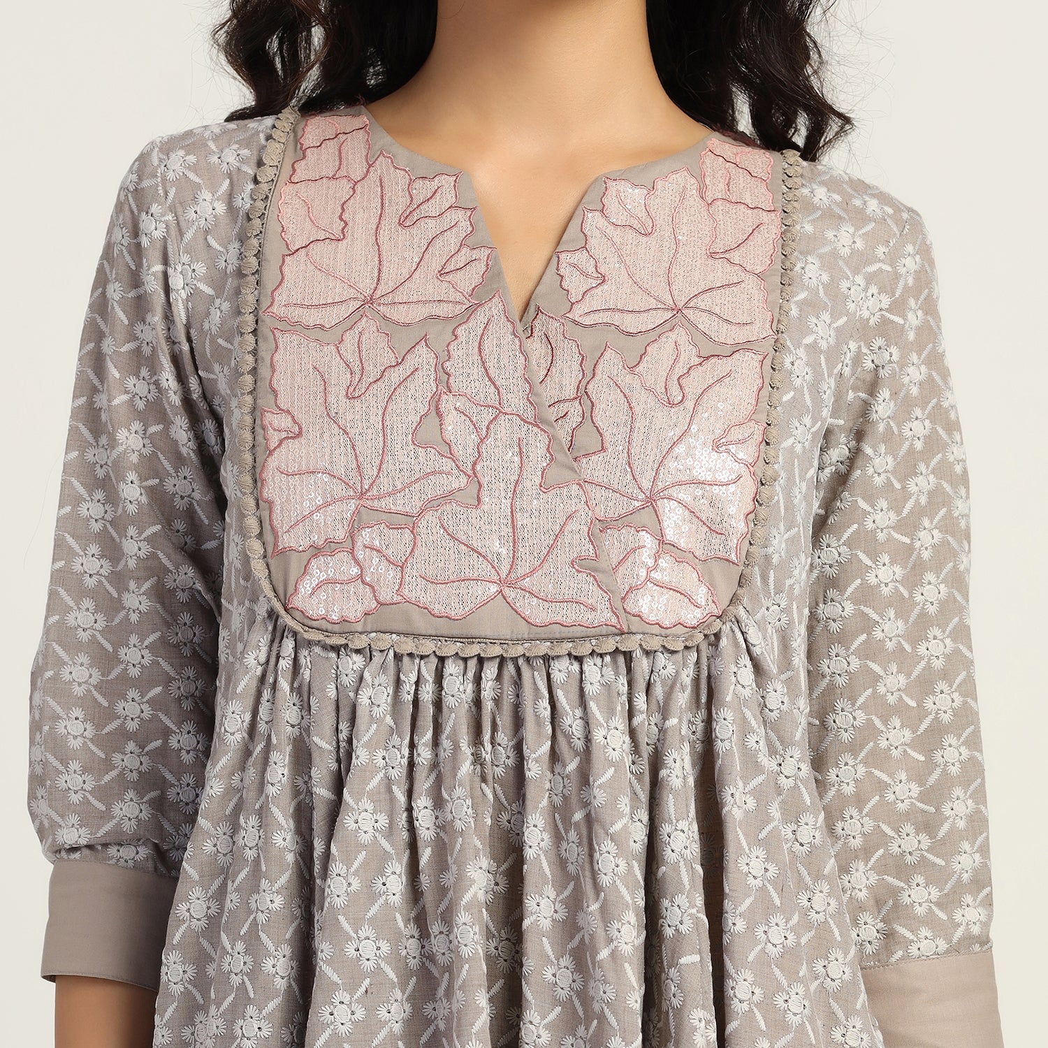 Taupe Embroidered Neck Dress