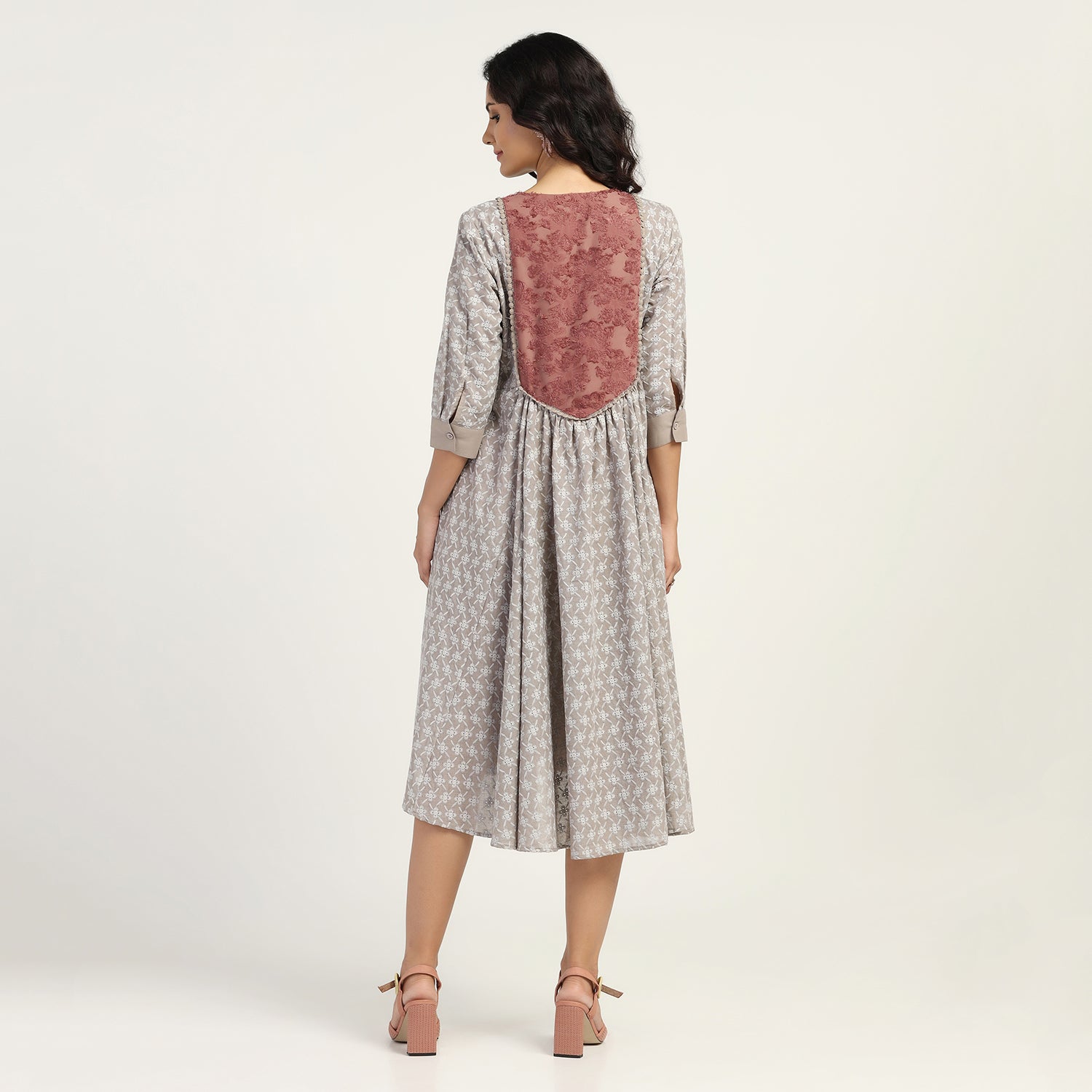 Taupe Embroidered Neck Dress