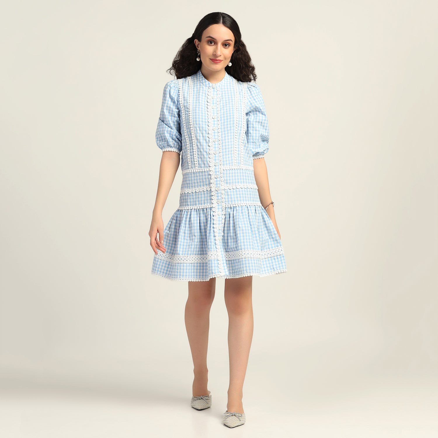 Blue Check Short Dress With Laces