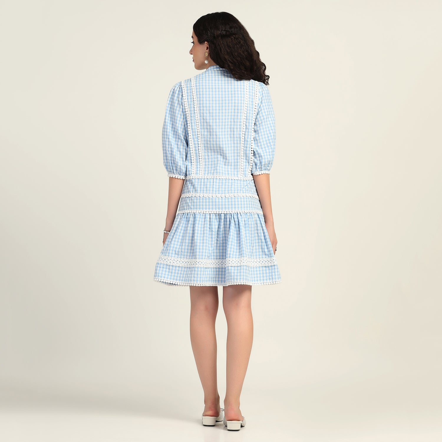 Blue Check Short Dress With Laces