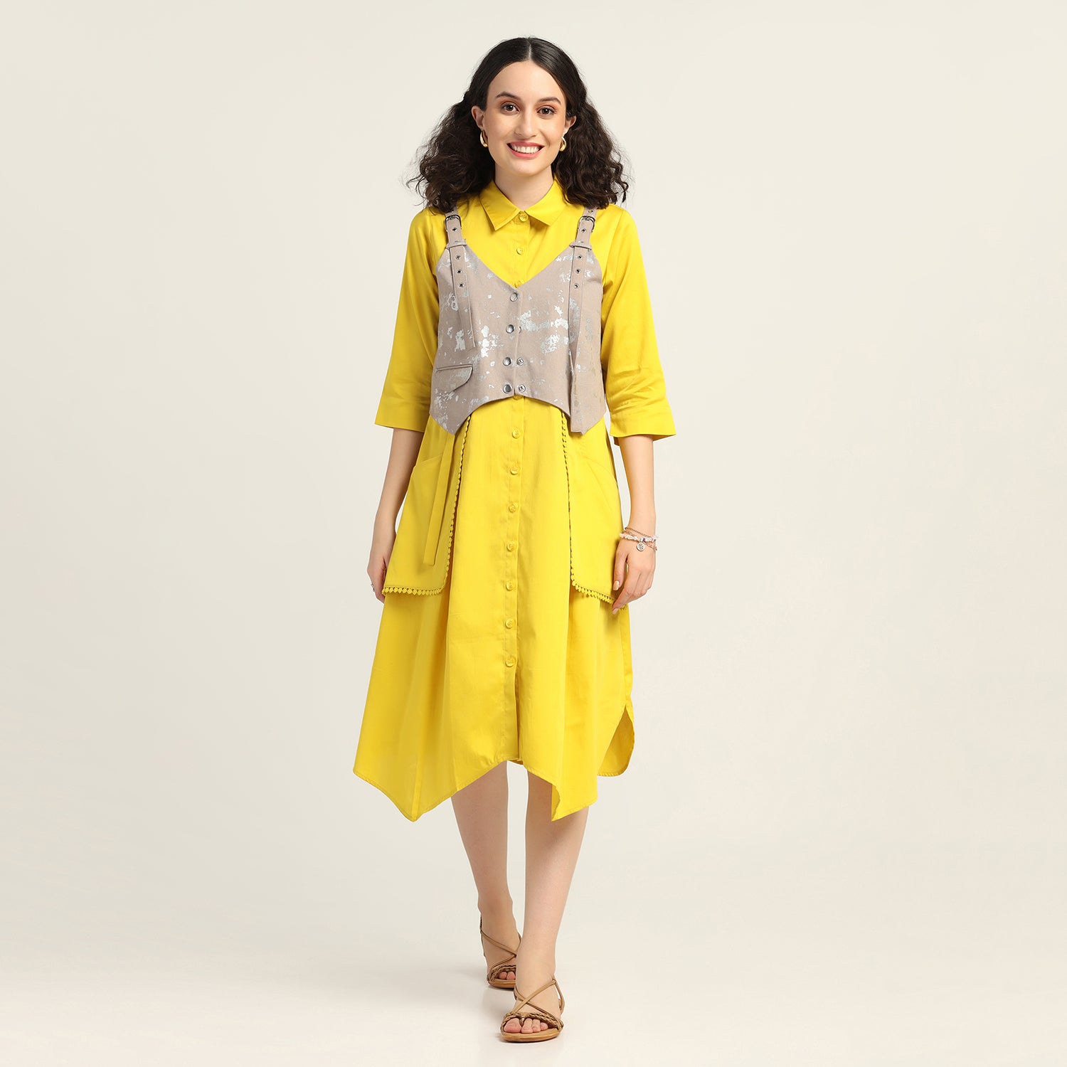 Yellow Glazed Cotton  Long Dress