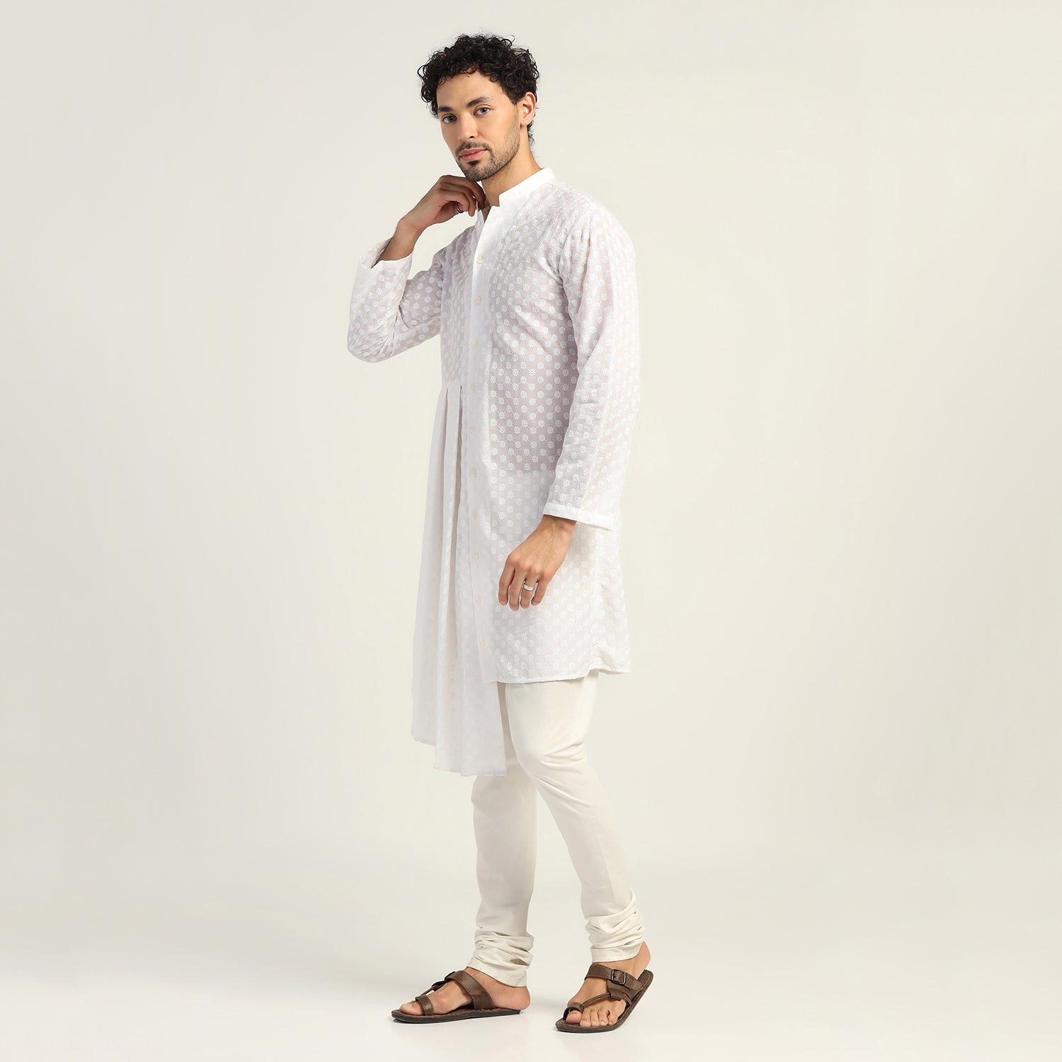 White Schiffle Pleated Kurta