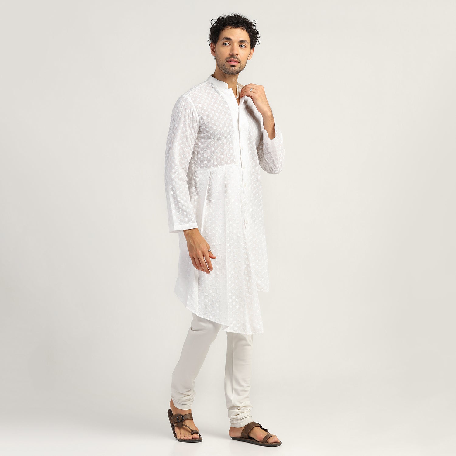 White Schiffle Pleated Kurta