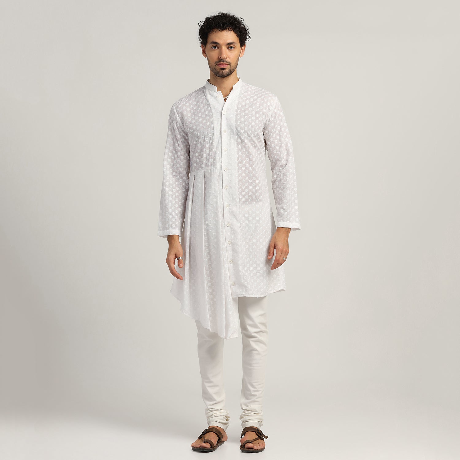 White Schiffle Pleated Kurta