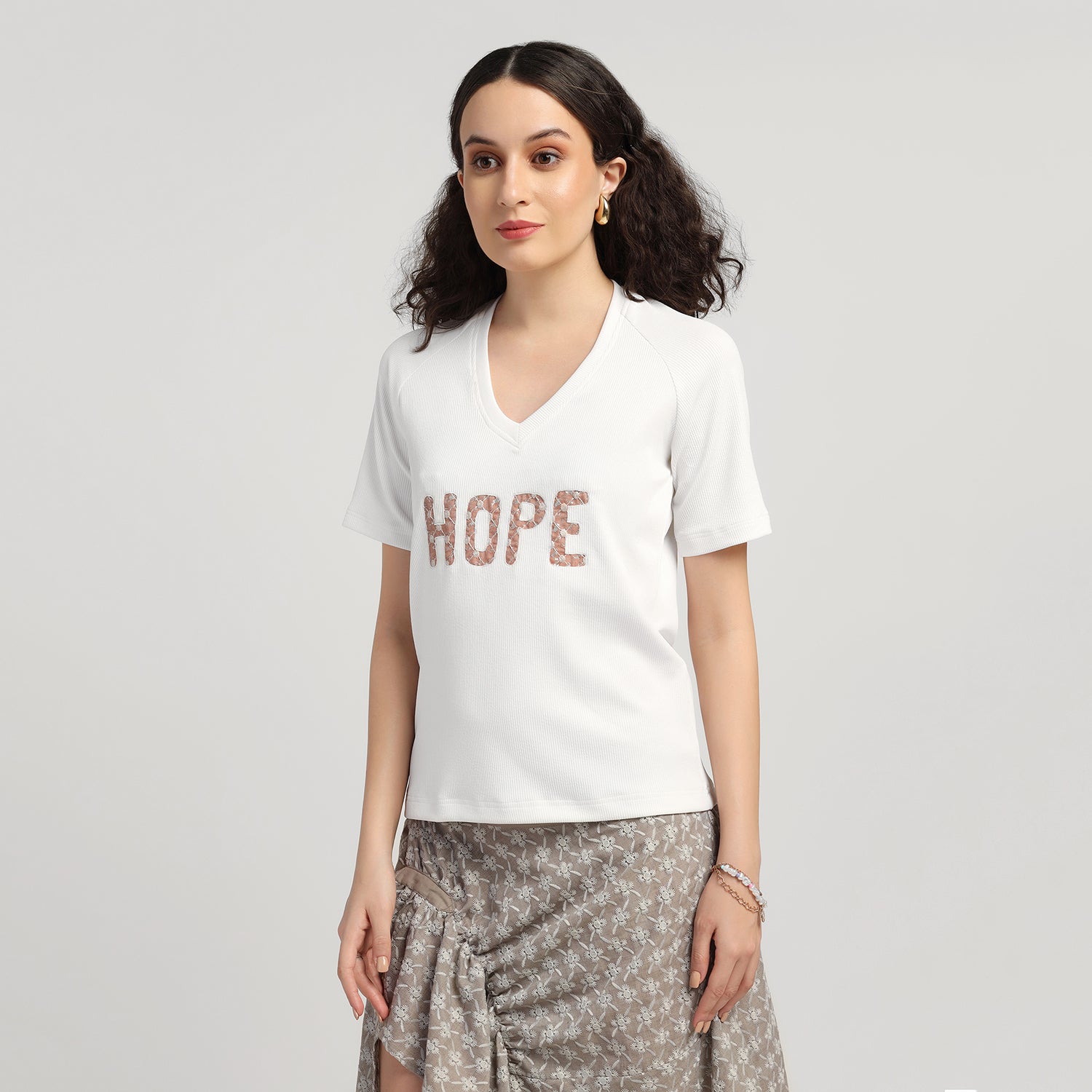 White Embroidered Hope Ribbed T- Shirt