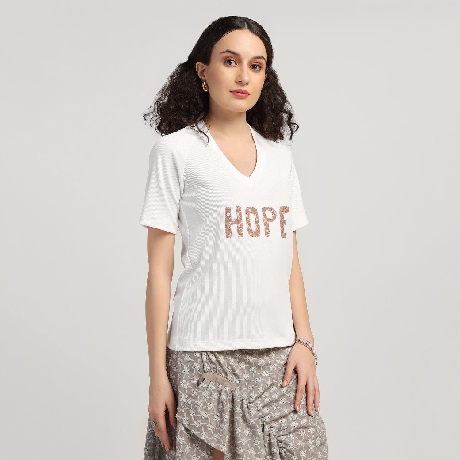 White Embroidered Hope Ribbed T- Shirt