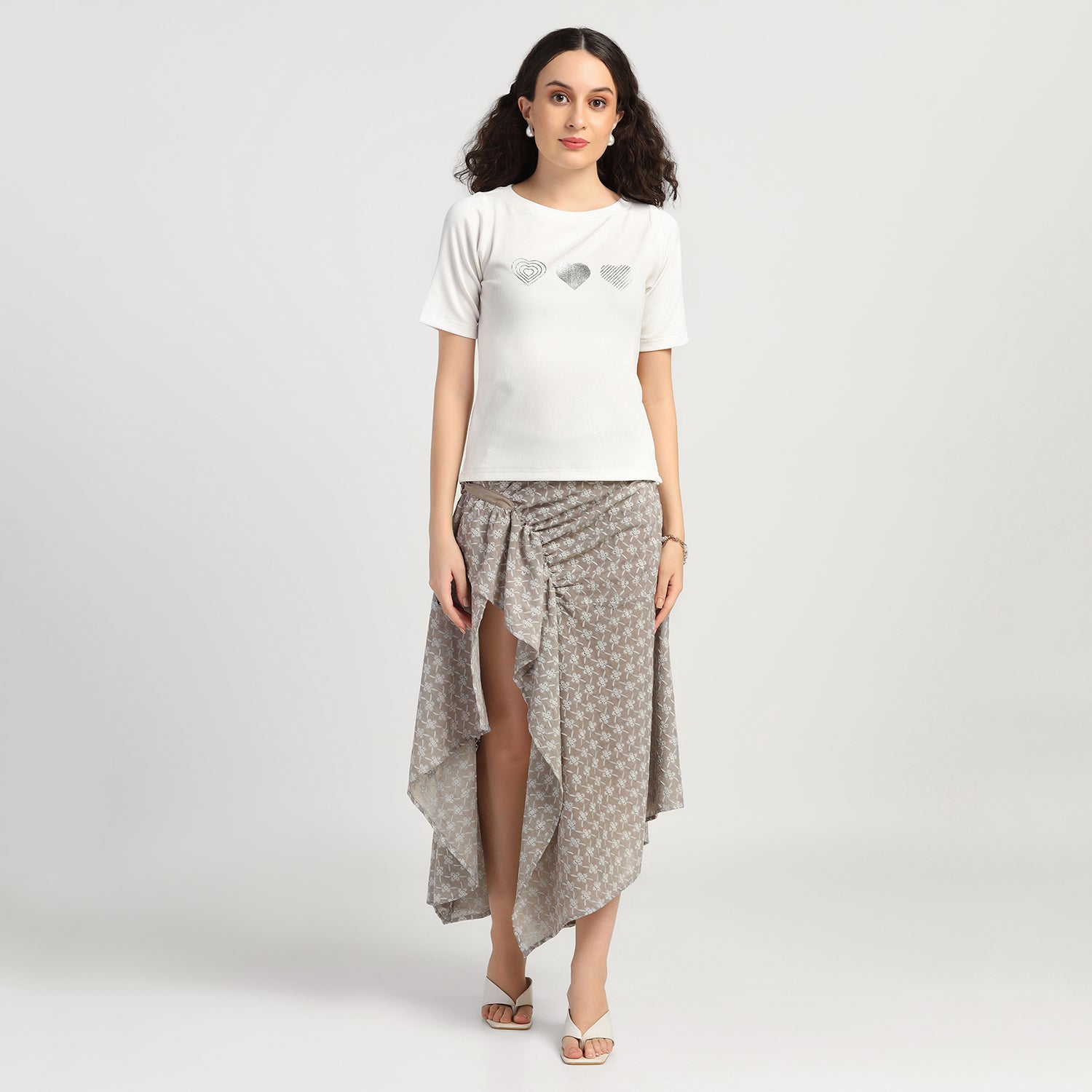 White Heart Foil Printed Ribbed Top