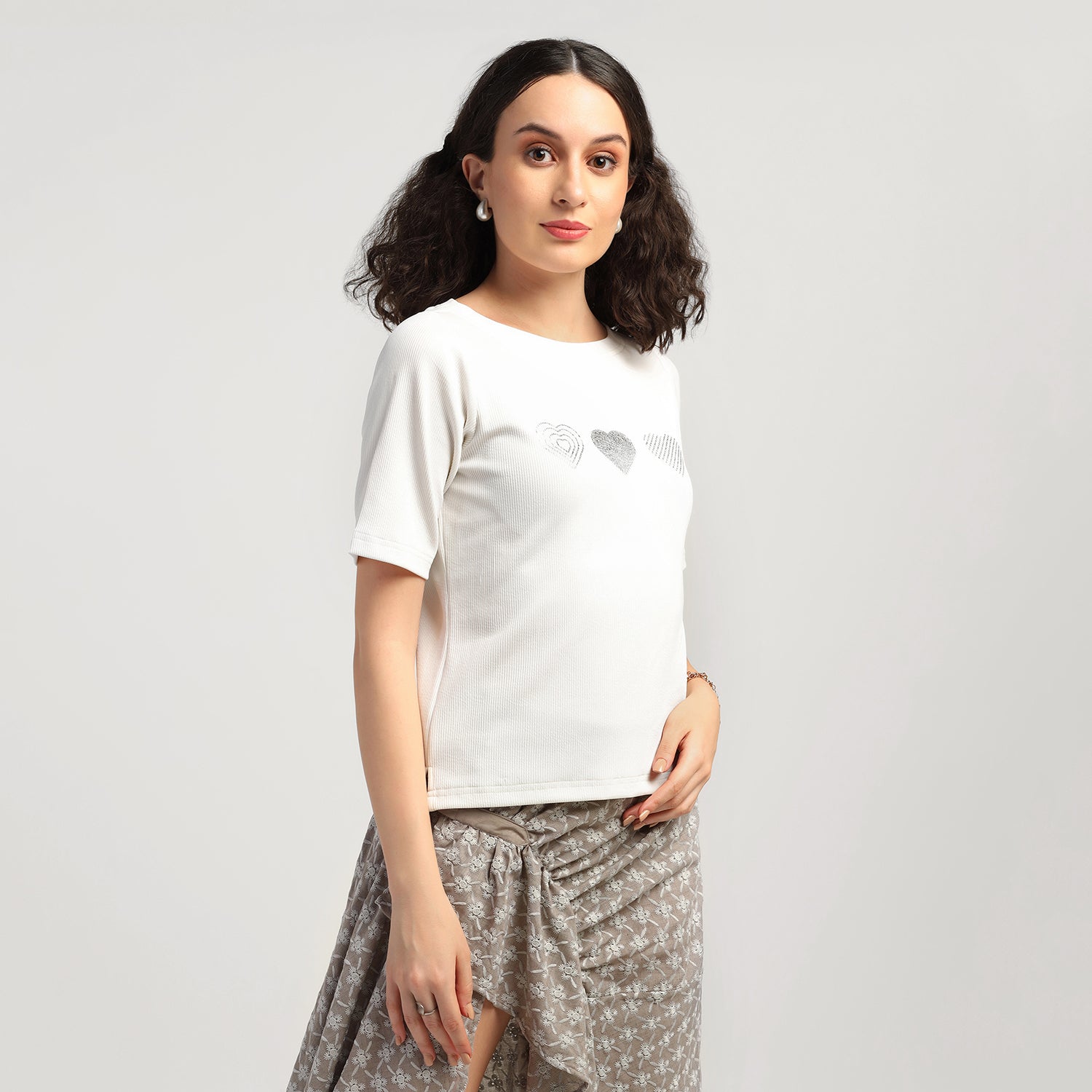 White Heart Foil Printed Ribbed Top