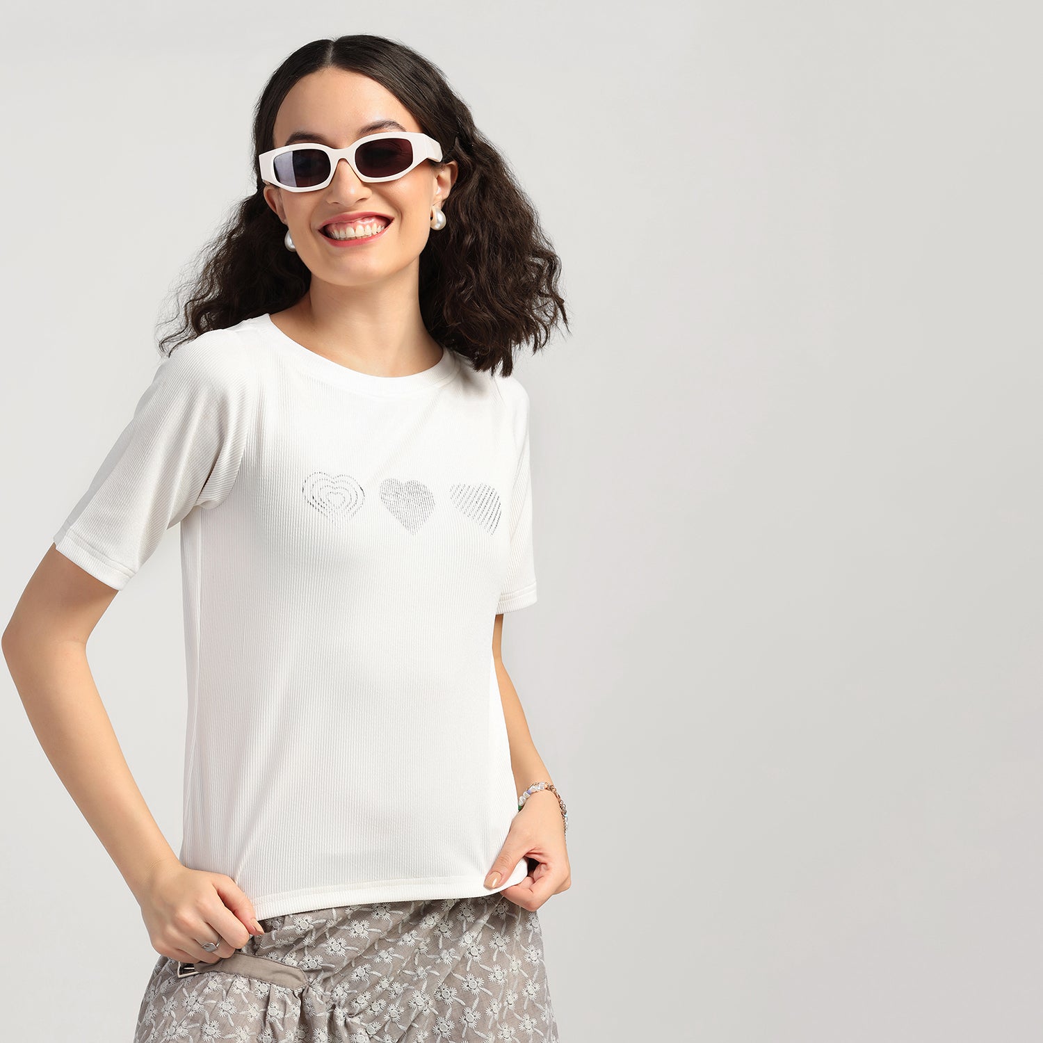 White Heart Foil Printed Ribbed Top